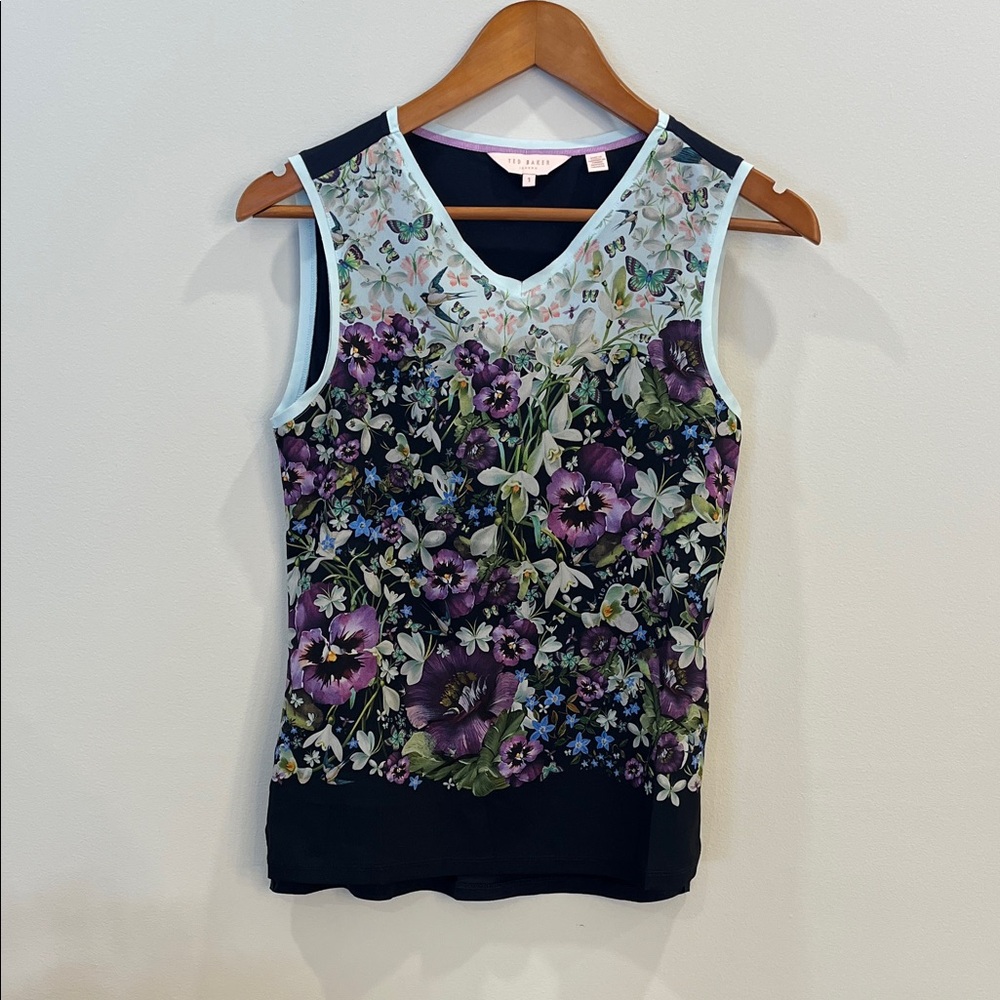 Ted Baker Floral Pansy Print Sleeveless Tank in Purple, Black, Light Blue